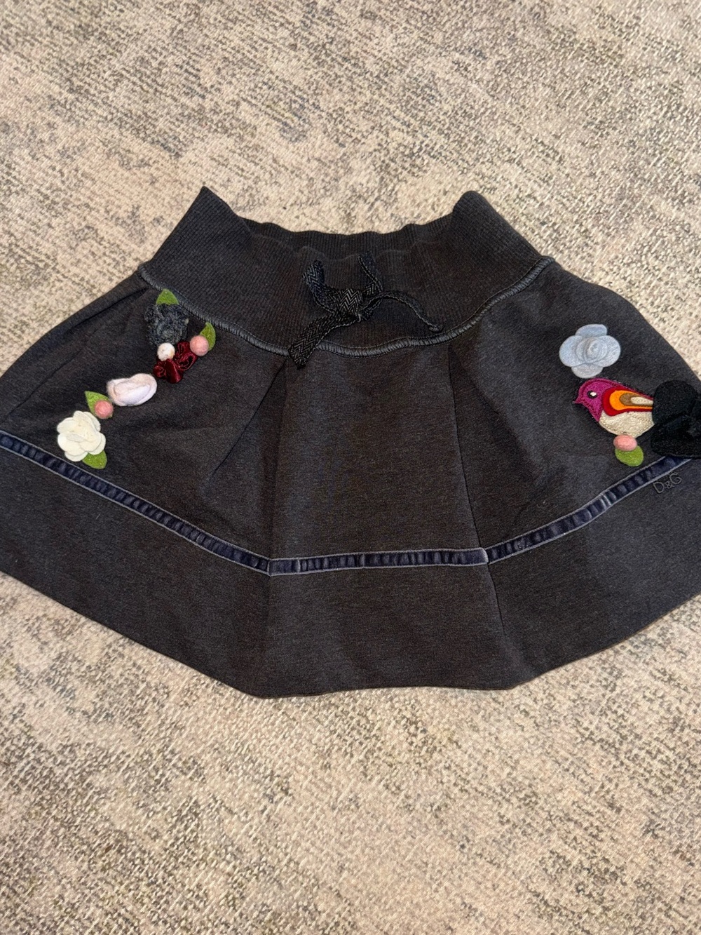 Vintage Dolce & Gabbana Black Girls Skirt with Colorful Floral and Bird Appliqué